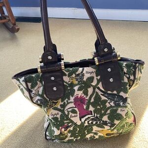 Green and Pink Floral Canvas Tote Bag with Leather Handles